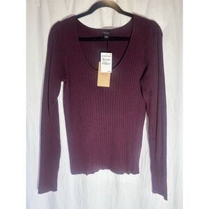 Halogen Shirt Sweater Womens Large Burgundy Pullover Ribbed Long Sleeve G19